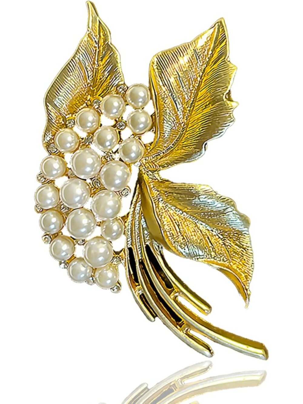 Elegant Vintage Gold Leaf Brooch with Pearls & Crystal Rhinestones - Handcrafted